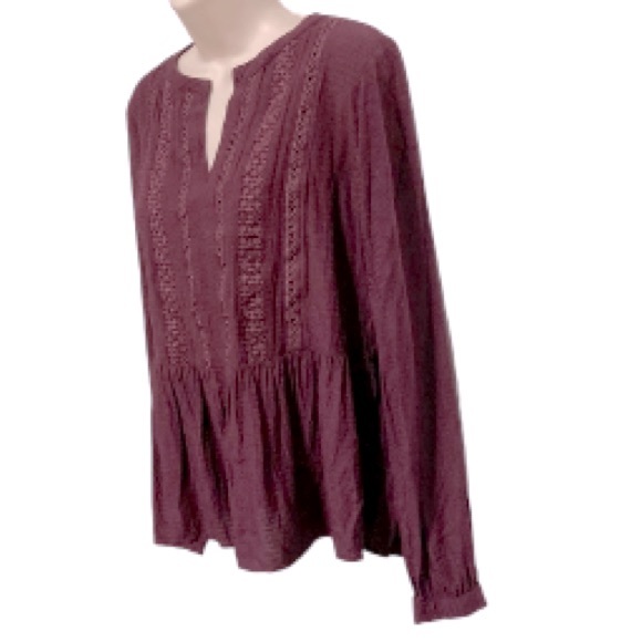 ANN TAYLOR LOFT Blouse Wine Burgundy Boho Bohemian Peasant Embroidered Womens XS - Picture 2 of 15